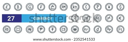 set of 27 outline web currency icons such as pound sterling, bath, cruzeiro, cedi, brunei, generic, won, forint vector thin line icons for web design, mobile app.
