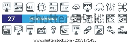 set of 27 outline web programming icons such as api, www, alt, password, screen, monitor, website, wall vector thin line icons for web design, mobile app.
