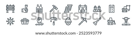 modern labor day icon pack. perfect for linear ui designs featuring vector jackhammer, excavator, plunger, pickaxe, hard hat, paint roller, slavery and more icons for mobile and web apps.