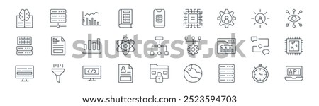 linear data science icon pack. vector thin line clock, server, bar graph, user, atom, cpu, folder, api icons suitable for apps and websites ui designs