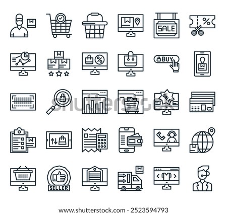 modern ecommerce icon pack. perfect for linear ui designs featuring vector customer service agent, product, shipping, warehouse, best seller and more icons.