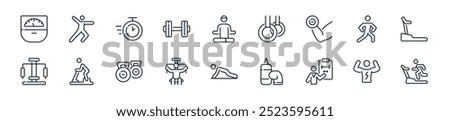 modern gym icon pack. perfect for linear ui designs featuring vector treadmill, six pack, trainer, punch, push up, body building, dumbbells and more icons for mobile and web apps.