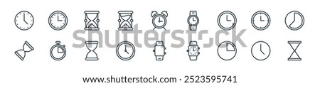 modern time and date icon pack. perfect for linear ui designs featuring vector sandclock, clock, timelapse, watch, watch, clock, sandclock and more icons for mobile and web apps.