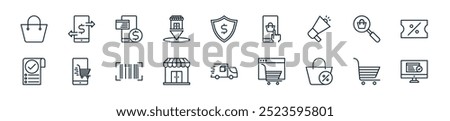 modern online shopping icon pack. perfect for linear ui designs featuring vector online payment, cart, offer, online shopping, shipping truck, merchant, barcode and more icons for mobile and web