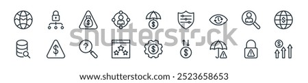 modern financial risk icon pack. perfect for linear ui designs featuring vector bar graph, alert, risk, transfer, ting, web rating, unknown and more icons for mobile and web apps.