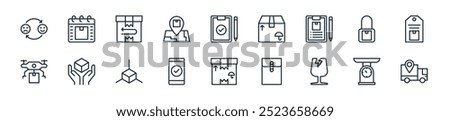 modern shipping icon pack. perfect for linear ui designs featuring vector truck, scales, fragile, package, box, check, box and more icons for mobile and web apps.