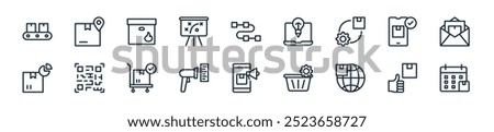 modern product management icon pack. perfect for linear ui designs featuring vector delivery schedule, thumbs up, international shipping, shopping cart, mobile marketing, barcode scanner, trolley