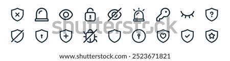 modern security icon pack. perfect for linear ui designs featuring vector shield, shield check, shield, keyhole, bug, and more icons for mobile and web apps.