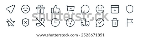 modern ui icon pack. perfect for linear ui designs featuring vector flag, trash, check, delivery, face, clock, phone and more icons for mobile and web apps.