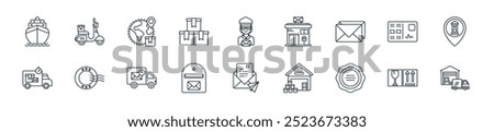 modern postal and courier service icon pack. perfect for linear ui designs featuring vector delivery truck, fragile, seal, house, envelope, mailbox, truck and more icons for mobile and web apps.