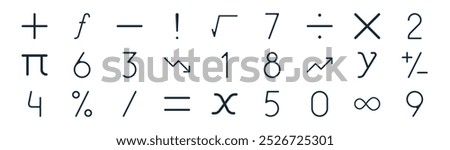 linear math icon pack. vector thin line infinite, function, minus, cross, down, plus minus, letter x, number icons suitable for apps and websites ui designs