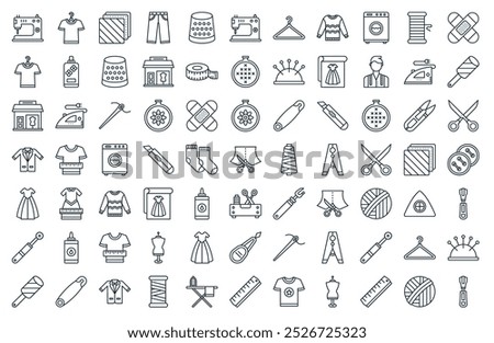 modern sewing icon pack. perfect for minimalist ui designs featuring vector  , wool ball, ruler, mannequin, tshirt, ruler, ironing board, and more icons.