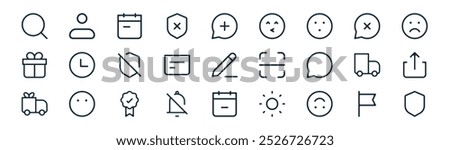 linear ui icon pack. vector thin line flag, profile, calendar, close, cheque, share, calendar, shield icons suitable for apps and websites ui designs