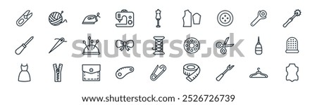 linear sewing icon pack. vector thin line hanger, yarn ball, iron, rotary cutter, bow tie, thimble, brooch, leather icons suitable for apps and websites ui designs