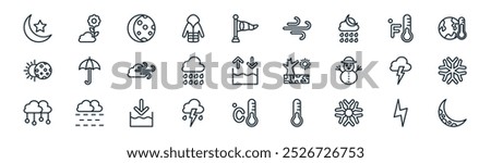 linear weather icon pack. vector thin line lightning, spring, lunar, fahrenheit, rain, snow flake, celsius, half moon icons suitable for apps and websites ui designs