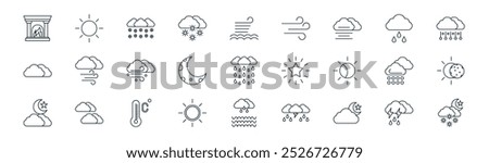 linear weather icon pack. vector thin line storm, sun, snowing, rainy, half moon, solar, flood, night snow icons suitable for apps and websites ui designs