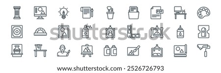 linear art and craft icon pack. vector thin line draw, digital art, creative, painting, paint spray, sharpener, paint bucket, paint roller icons suitable for apps and websites ui designs