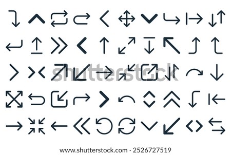 50 linear arrows icon pack. vector thin line arrows, angle up, repeat, arrow right, angle left, move button, angle down icons suitable for apps and websites ui designs.