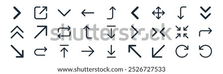 linear arrows icon pack. vector thin line rotate right, export, angle down, turn down, turn up, turn right, arrow down, rotate left icons suitable for apps and websites ui designs