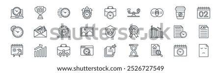 linear workaholic icon pack. vector thin line schedule, trophy, fast time, coffee, picture, job, sticky notes, emptiness icons suitable for apps and websites ui designs