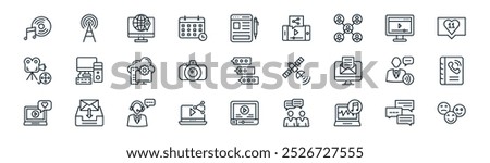 linear social media icon pack. vector thin line group chat,  , my location, video, photo camera, contact book, video advertising, emojis icons suitable for apps and websites ui designs