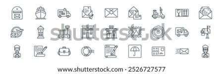 linear postal and courier service icon pack. vector thin line letter, cargo boat, express, fragile, post office, mail box, letter, postwoman icons suitable for apps and websites ui designs