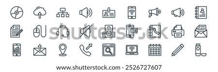 linear communication icon pack. vector thin line pencil, cloud computing, flow chart, megaphone, mute, envelope, search, usb icons suitable for apps and websites ui designs