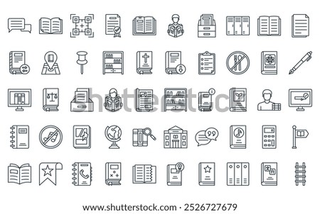 50 linear library icon pack. vector thin line library, important topics, qr code, certificate, open book, reading book, database icons suitable for apps and websites ui designs.