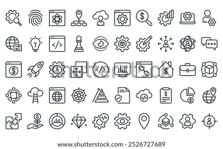 50 linear business development icon pack. vector thin line bar graph, fingerprint, atom, placeholder, cloud user, website, search icons suitable for apps and websites ui designs.