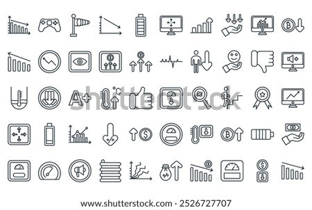 50 linear increase and decrease icon pack. vector thin line weight loss, gaming, windsock, decrease, full battery, resize, bar chart icons suitable for apps and websites ui designs.