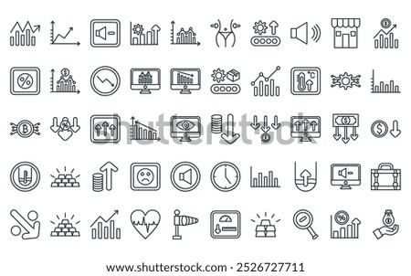 50 linear increase and decrease icon pack. vector thin line decrease, line graph, decrease volume, productivity, stock, weight loss, increase icons suitable for apps and websites ui designs.