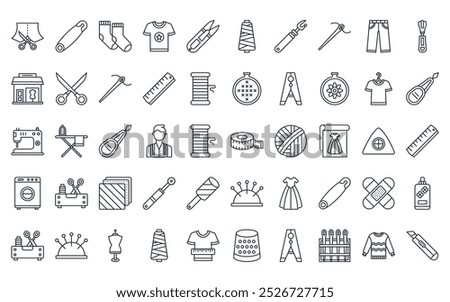 50 linear sewing icon pack. vector thin line measuring tape, safety pin, socks, tshirt, thread cut, yarn ball, seam ripper icons suitable for apps and websites ui designs.