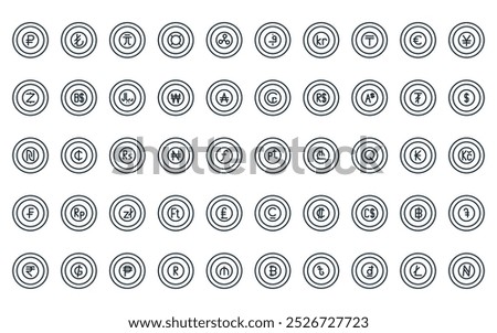 50 linear currency coin icon pack. vector thin line pea, turkish lira, taiwan, generic, ripple, som, krone icons suitable for apps and websites ui designs.