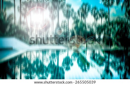 blurred abstract background photo of sugar palm and reflection on water with surreal motion blur effect