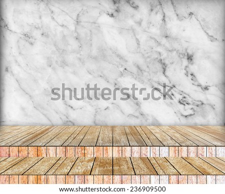Backdrop marble wall and wood slabs arranged in perspective texture background in black and white.