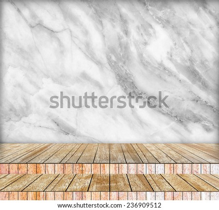 Backdrop marble wall and wood slabs arranged in perspective texture background in black and white.
