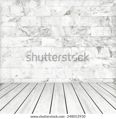 Backdrop white marble wall and wood slabs arranged in perspective texture background.