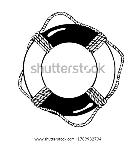 Life ring with sea boat rope, hand drawn isolated vector illustration in black and white