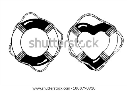 Life rings with sea boat rope and its romantic version, hand drawn isolated vector illustration in black and white