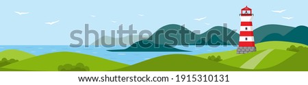 Long banner with seascape. Lighthouse on seashore with mountains on background and seagulls in the sky. Flat vector illustration. Coastline landscape with beacon.