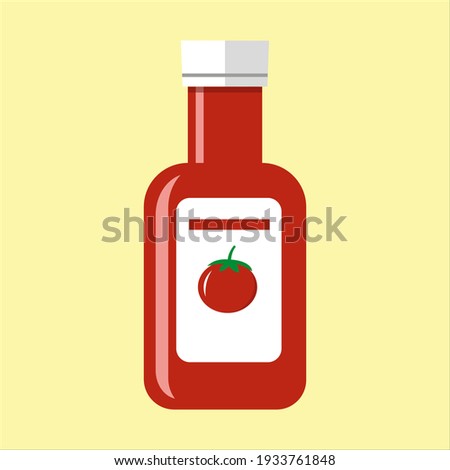 Ketchup bottle with white label and tomato on it. Tomato red sauce container. Isolated flat vector illustration.