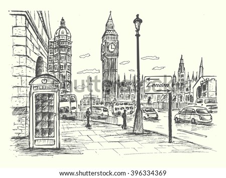 London city scene with Big Ben,road,traffic,architecture,telephone booth.Ink hand drawn  style,isolated,vector, illustration.