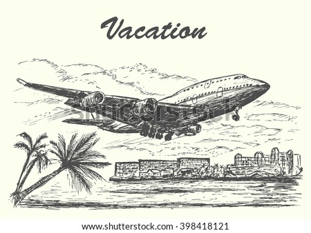 Giant plane landing on tropic island,hand drawn,sketch style,isolated,vector,illustration.