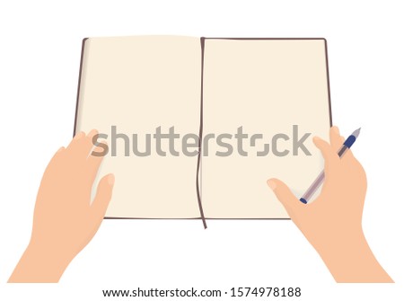 Two hands, male or female, lie on an open notebook with blank pages. Pen in the right hand. Top view. Isolated on white background