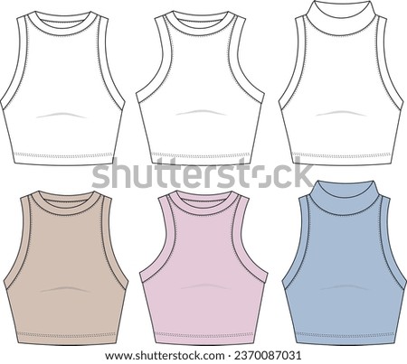 Crop Top set technical fashion illustration. cropped tank top 3 pieces.Women Sleeveless Lettuce hem Crop Top tank top t shirt flat technical drawing template sketch vector.