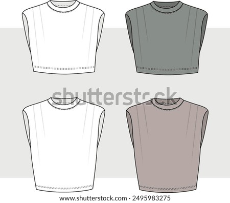 Isolated sleeveless jersey crop top - t shirt set with a round neck and shoulder pads. Fashion Cad design. Flat sketches technical drawings Illustrator vector template.