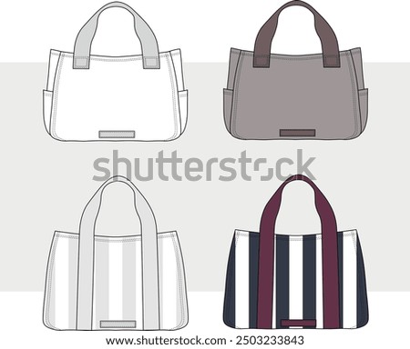 Tote bag flat sketch fashion illustration drawing template mock up, Canvas tote bag cad drawing. Carry bag flat sketch vector. 