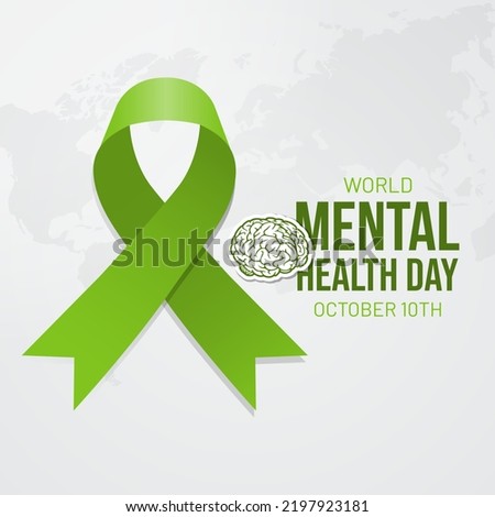 World Mental Health Day October 10th with a green ribbon and maps illustration on isolated background design