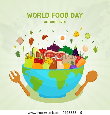 World Food Day on October 16th with meals fruits and vegetable illustrations on isolated background design