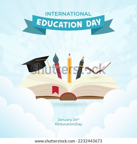 International Education Day January 24th with opened book illustration on map and sunburst background design